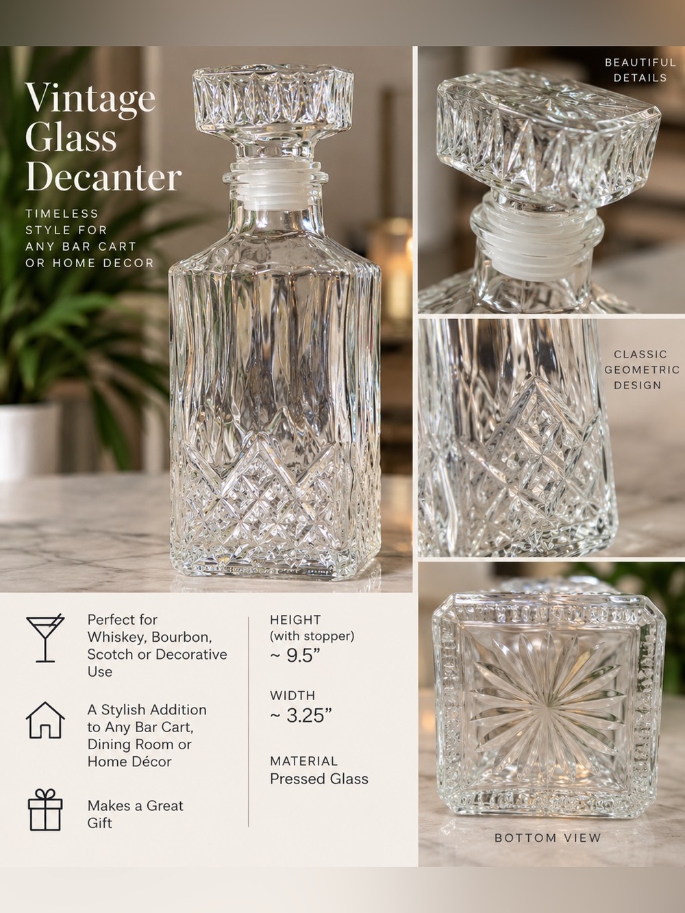 Pressed Glass Decanter Bottle - Clear Glass Bar Decanter
